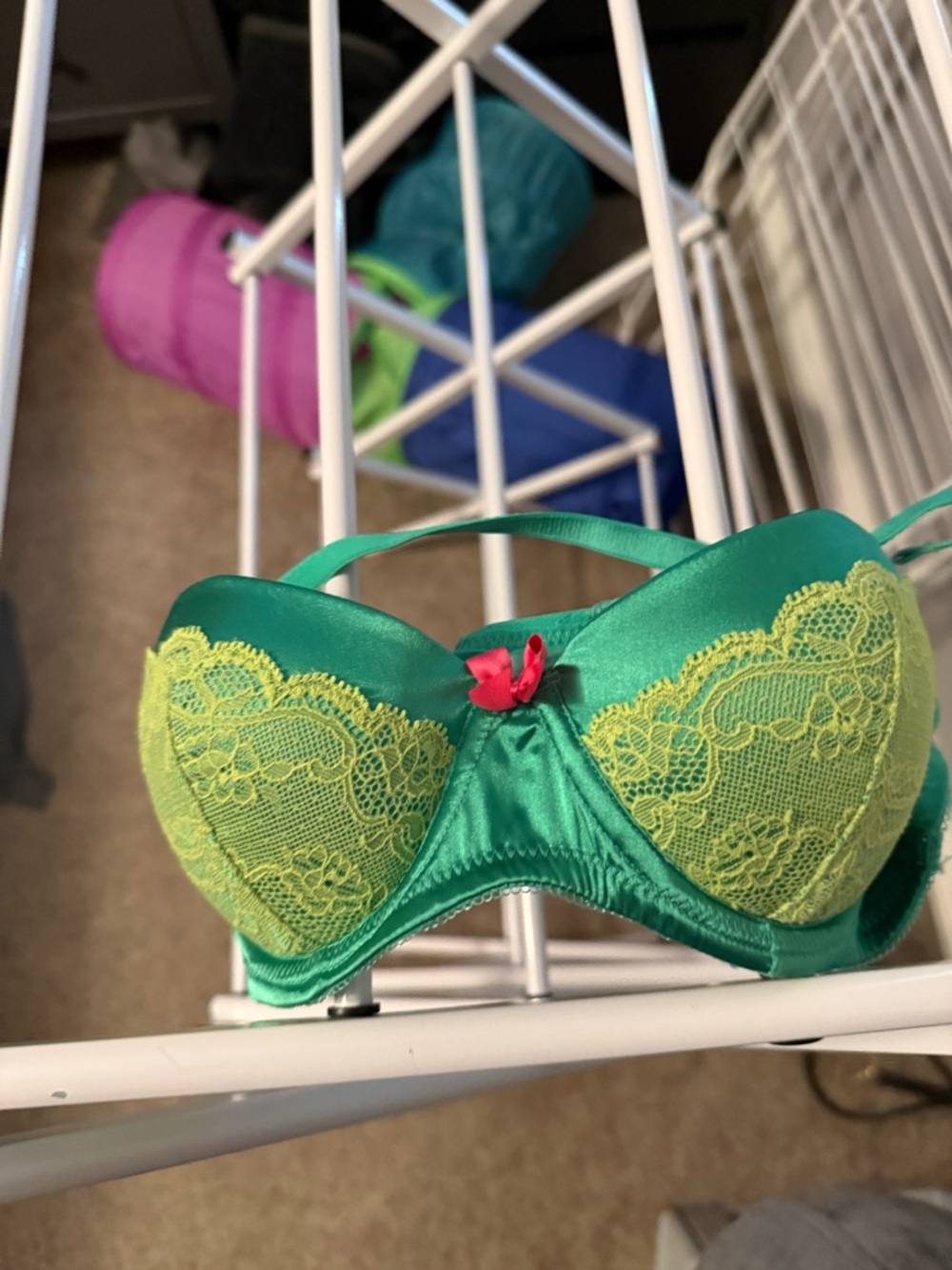Aerie Holly Green Lace-Accent Push-Up Bra with Pink Bow